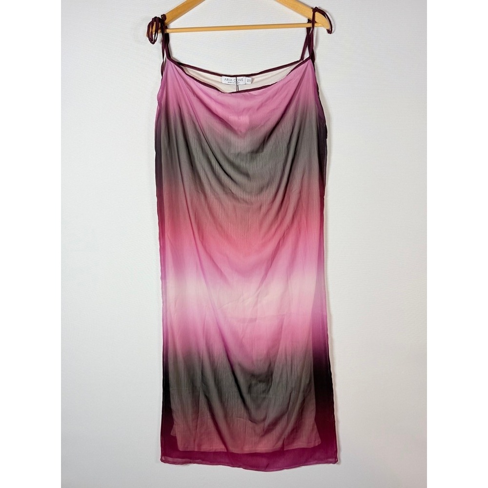 NEW Aria Cove Womens 12‎ Midi Dress Fairy Slip Ethereal Pink Ombre Cowl Mesh